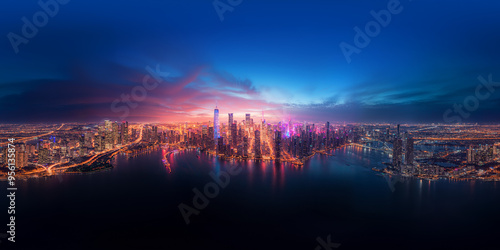 Wallpaper Mural Neon City Night Skyline 8K 360 degree, equirectangular projection, environment map. HDRI spherical panorama.	 Torontodigital.ca