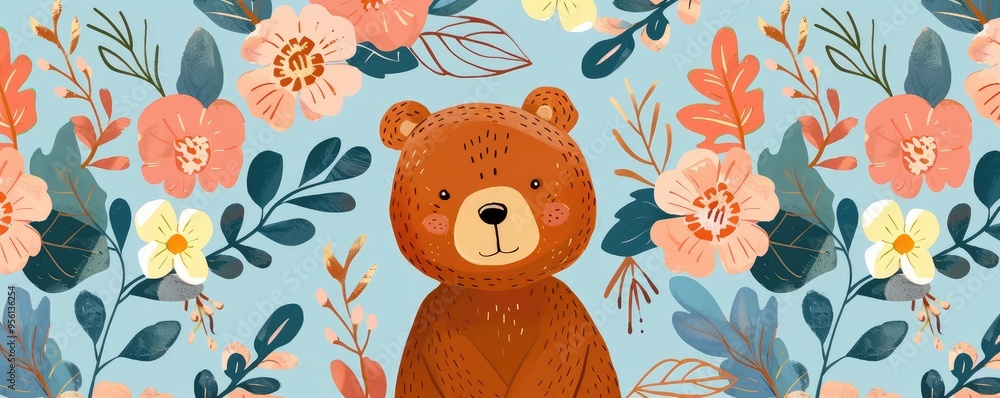 Illustration of a cute teddy bear among flowers Illustration of a cute teddy bear among flowers