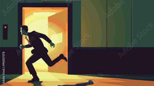 Businessman in Suit Running Hastily Towards Emergency Exit Door, Escaping Dead-End Job for Success and Freedom