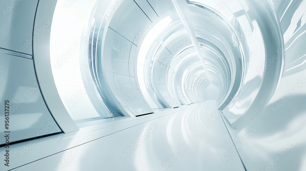 Obraz premium Futuristic white corridor with glowing walls and smooth flooring in a sleek modern building
