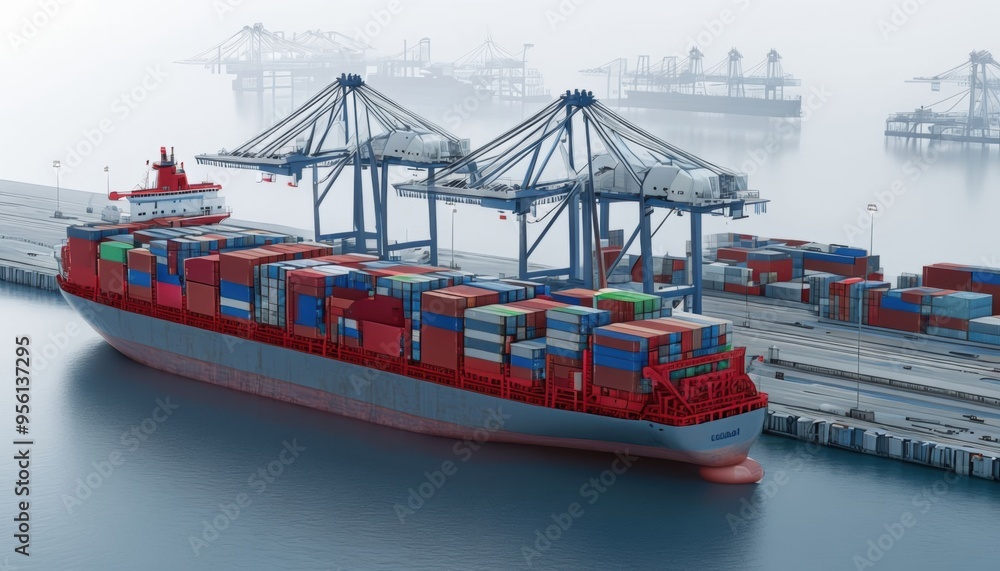 The image depicts a large cargo container ship docked at a busy port ...