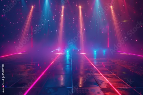 Neon lights illuminate disco floor in abstract studio scene.