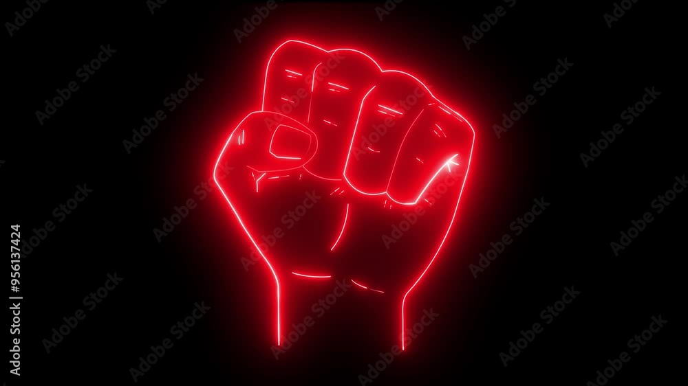 Red color Glowing Neon Raised Fist concept. Hand fist icon neon red glowing animation on black background. Energy icon
Red color Glowing Neon Raised Fist concept. Hand fist icon neon red glowing animation on black background. Energy icon