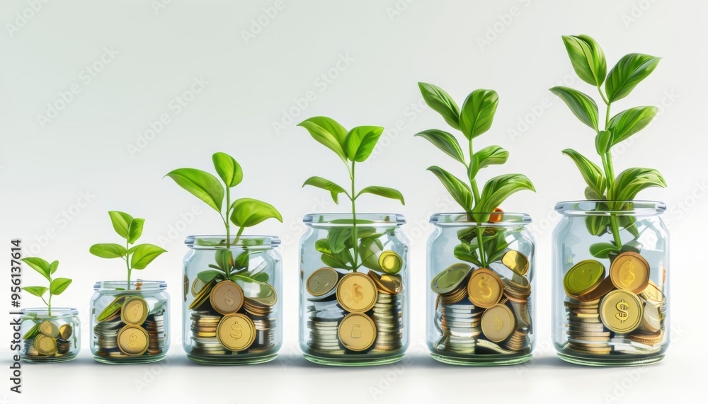 Collection of glass jars filled with coins, bean sprouts and basil, surrounded by fresh herbs and plants, isolated on white background. Collection of glass jars filled with coins, bean sprouts and basil, surrounded by fresh herbs and plants, isolated on white background.