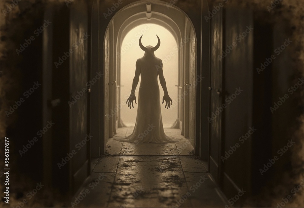 An aged worn sepia monochrome 1800s photograph of a nightmarish translucent demon standing at the end of a long hallway An aged worn sepia monochrome 1800s photograph of a nightmarish translucent demon standing at the end of a long hallway