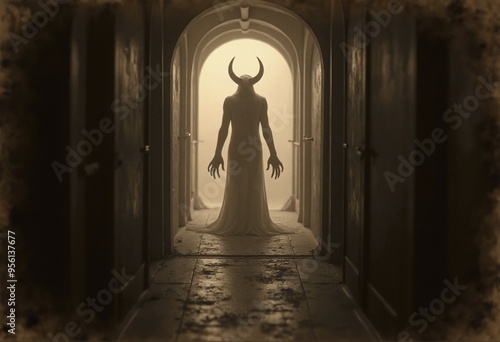 An aged worn sepia monochrome 1800s photograph of a nightmarish translucent demon standing at the end of a long hallway photo