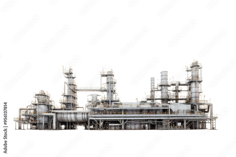 Obraz premium The image depicts an industrial factory, with smoke emanating from the chimneys. Suitable for environmental, industrial, pollution, and urban design concepts