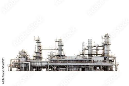 The image depicts an industrial factory, with smoke emanating from the chimneys. Suitable for environmental, industrial, pollution, and urban design concepts photo