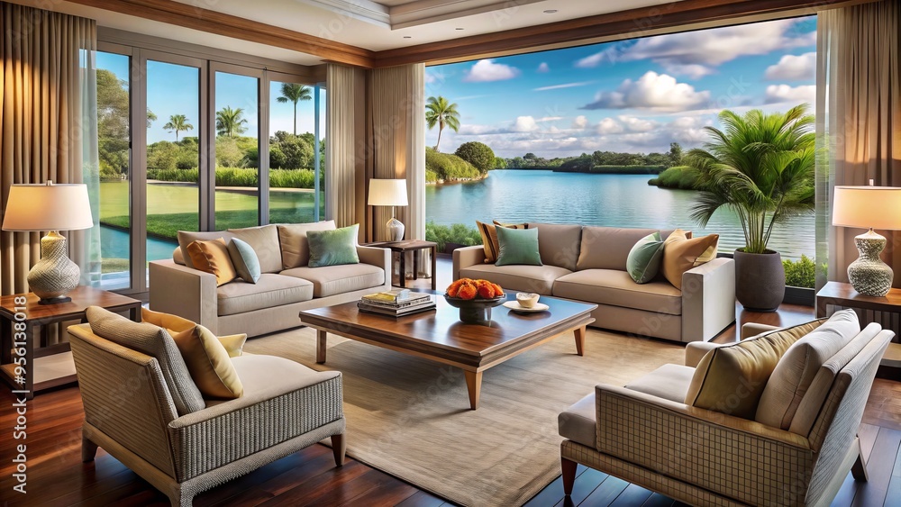 Glass doors slide open to reveal a tranquil scene: turquoise waters lap against the shore, where a sailboat Glass doors slide open to reveal a tranquil scene: turquoise waters lap against the shore, where a sailboat