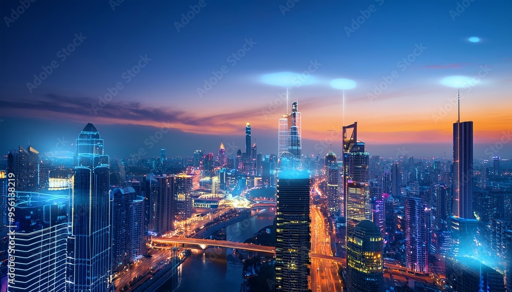 Fototapeta premium Futuristic cityscape with blue and orange hues at dusk