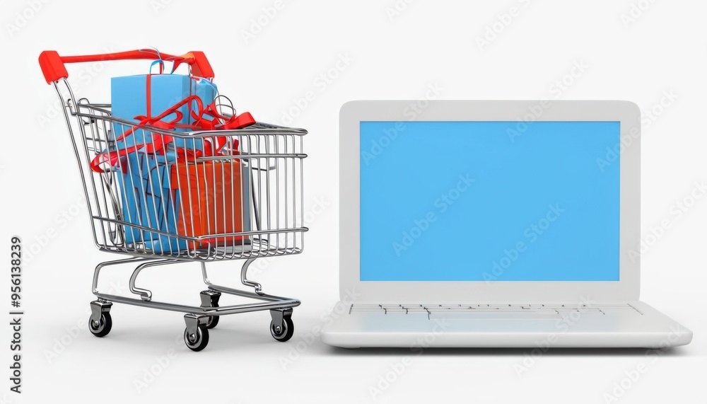 A 3D image of an empty metal shopping cart with a red handle, symbolizing online shopping and e-commerce in a modern retail environment. A 3D image of an empty metal shopping cart with a red handle, symbolizing online shopping and e-commerce in a modern retail environment.