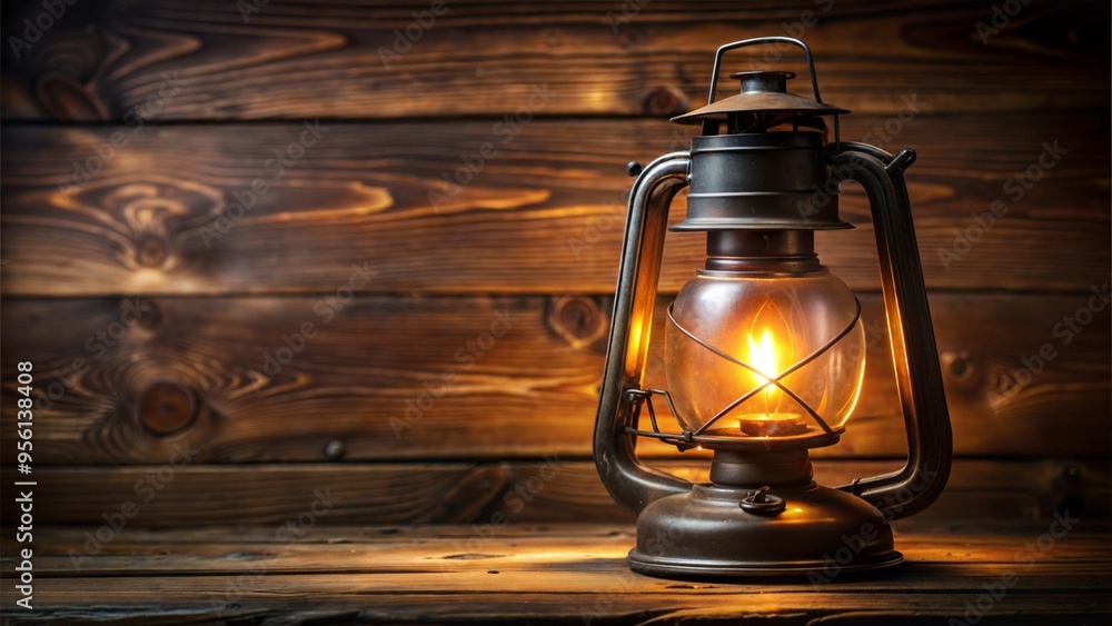 Oil Lamp Glowing on Dark Wooden Background Oil Lamp Glowing on Dark Wooden Background