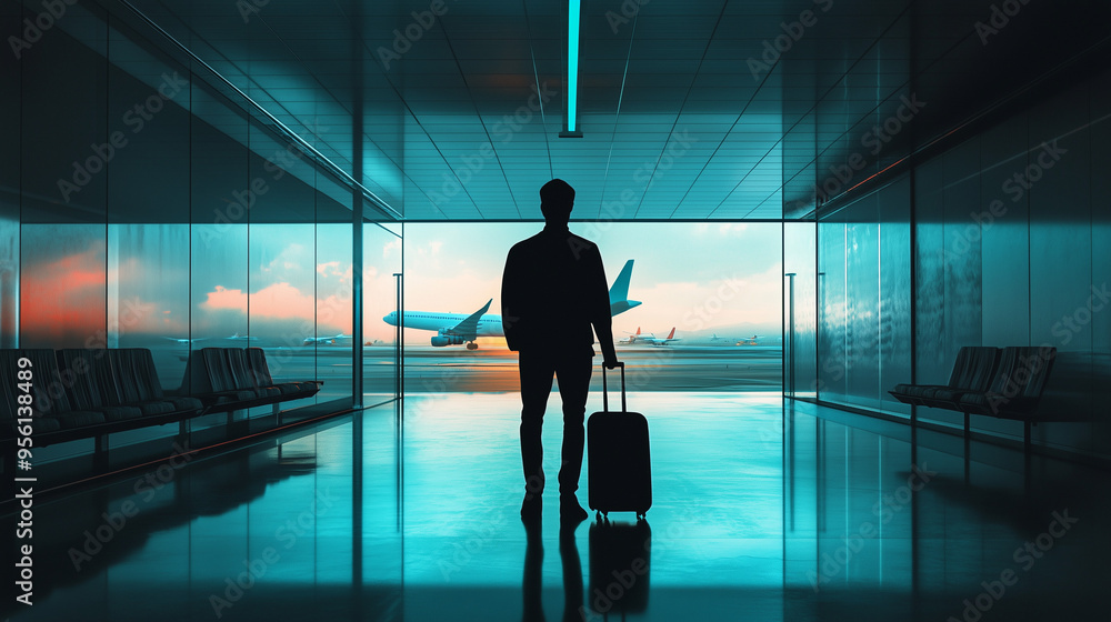man with luggage waiting for flight at airport terminal
man with luggage waiting for flight at airport terminal