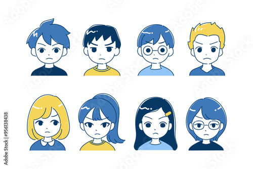 子供のアイコンイラストセット　バストアップ　怒る　ブルー、イエロー