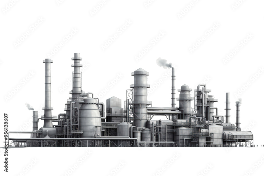 Obraz premium The image depicts an industrial factory, with smoke emanating from the chimneys. Suitable for environmental, industrial, pollution, and urban design concepts