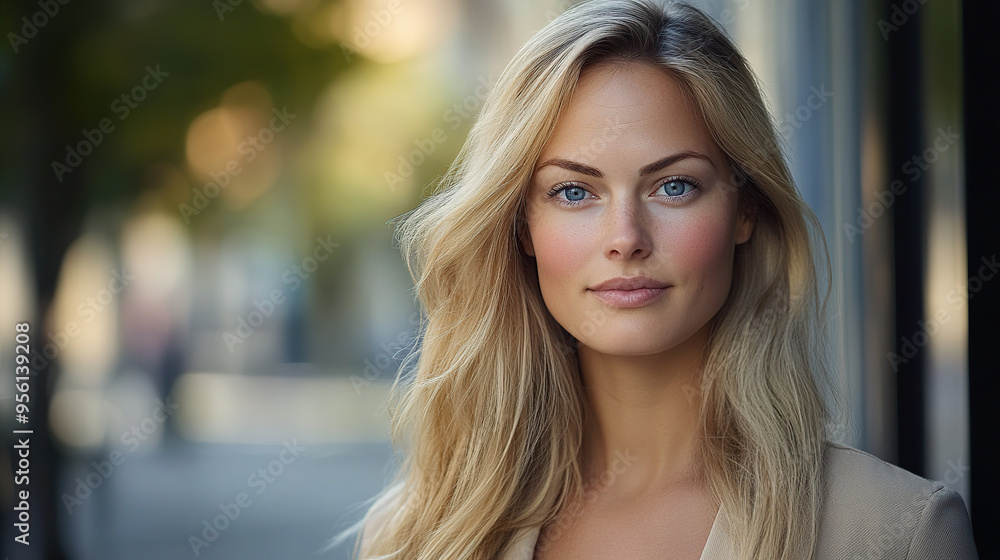 A portrait of an attractive blonde woman with long hair, wearing casual attire and standing outdoors in the city A portrait of an attractive blonde woman with long hair, wearing casual attire and standing outdoors in the city