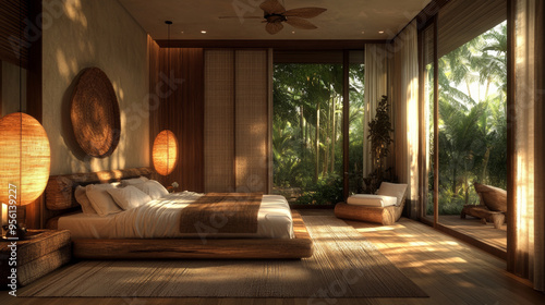 bedroom design with wooden sturcture like kungo kuma, modern furniture, warm colors photo