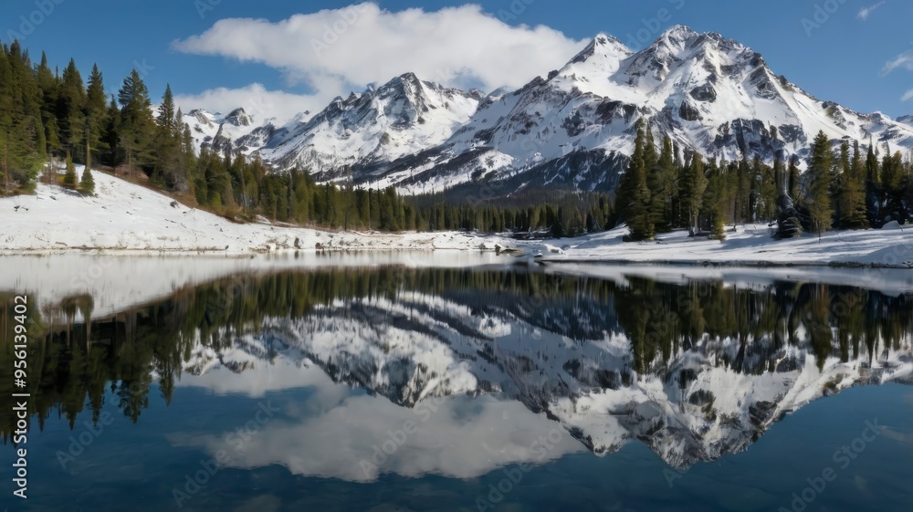 Snow-capped peaks mirrored in water Snow-capped peaks mirrored in water