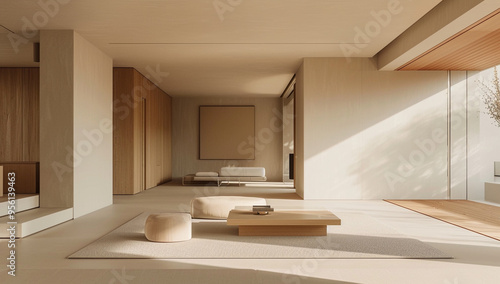 a minimalist living room with an open layout and uncluttered space