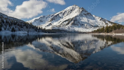 Snow-covered mountains lake reflection