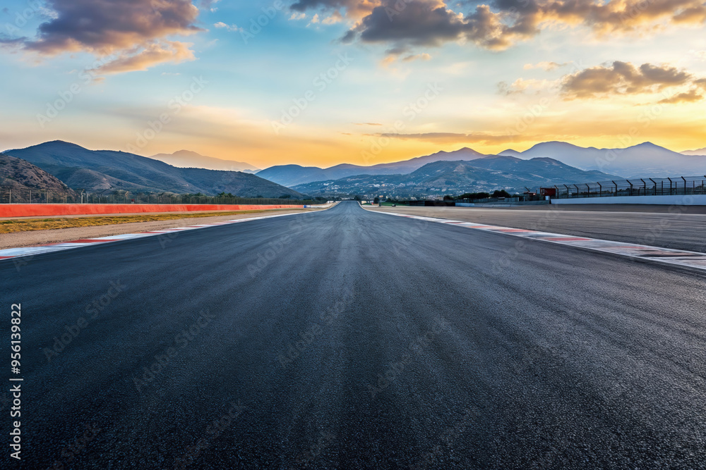 Naklejka premium Empty race track is disappearing into the distance at sunset with mountains background. High quality photo