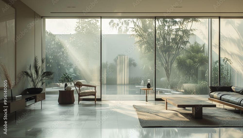Fototapeta premium a minimalist living room with a glass wall and simple furniture