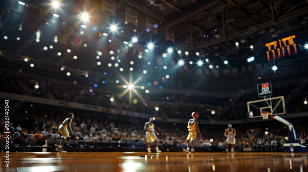 Exciting nba basketball game in action, players on court, bright lights, packed stadium atmosphere