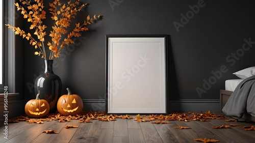 Minimal Halloween Bedroom with Blank Frame on Floor