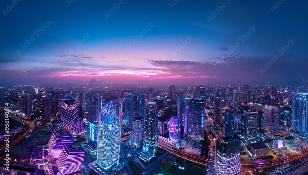 Fototapeta premium High-tech city from above at evening