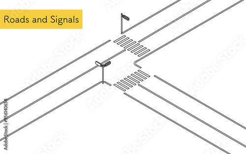 信号のあるT字路と横断歩道、シンプルな線画のアイソメトリックイラスト