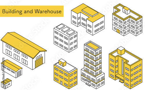ビルや倉庫などの建物、シンプルな線画のアイソメトリックイラスト photo