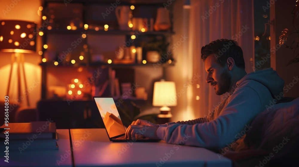 Warm evening glow as people eagerly shop online for cyber monday laptop and smartphone deals Warm evening glow as people eagerly shop online for cyber monday laptop and smartphone deals