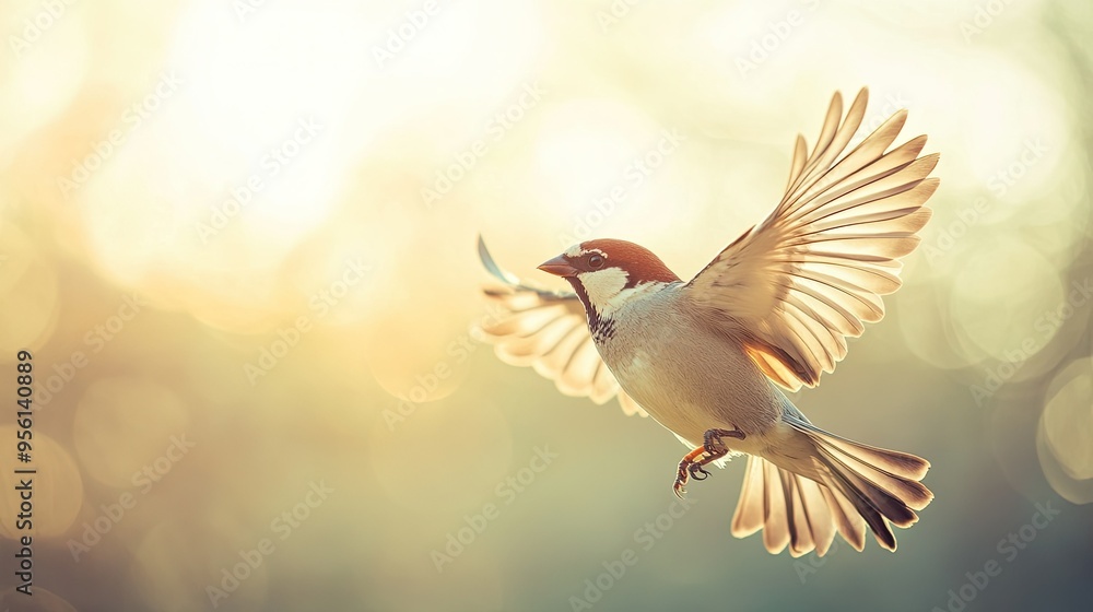Obraz premium A close-up of a sparrow mid-flight with outstretched wings, against a blurred sky background, with space for writing in the lower part of the image.