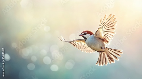 A close-up of a sparrow mid-flight with outstretched wings, against a blurred sky background, with space for writing in the lower part of the image.