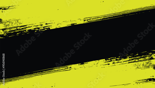 Abstract vector design of two bold yellow brush stroke hand painted ink paint diagonally stripes as frame and a black in the middle, grunge destress mockup template poster.