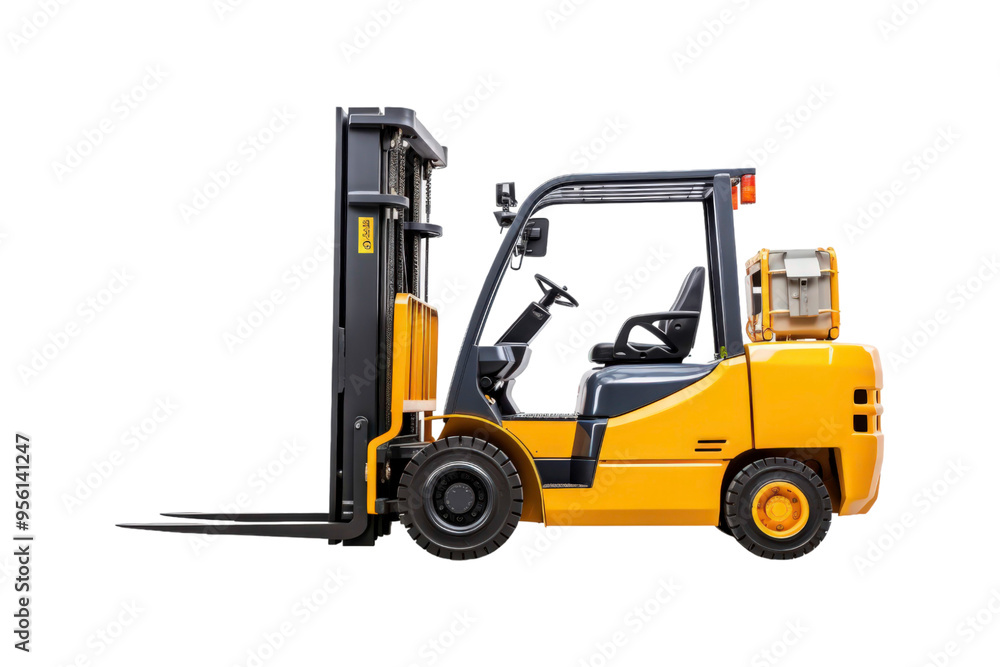 Yellow forklift with black forks and a seat. Suitable for industrial, construction, warehouse, logistics, and transportation themes Yellow forklift with black forks and a seat. Suitable for industrial, construction, warehouse, logistics, and transportation themes