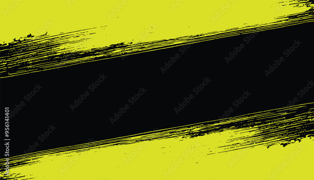 Abstract vector design of two bold yellow brush stroke hand painted ink paint diagonally stripes as frame and a black in the middle, grunge destress mockup template poster. Abstract vector design of two bold yellow brush stroke hand painted ink paint diagonally stripes as frame and a black in the middle, grunge destress mockup template poster.