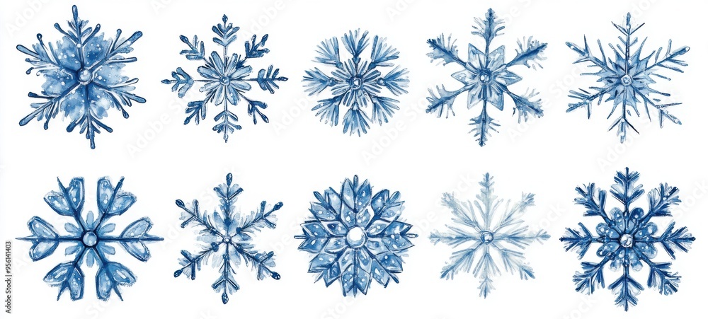 A variety of unique snowflake designs in shades of blue displayed on a white background during winter A variety of unique snowflake designs in shades of blue displayed on a white background during winter