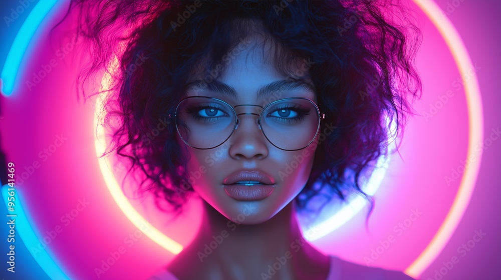 Stylish Woman with Glasses in Front of Neon Circle Lights, Creating a Futuristic and Trendy Fashion Look Stylish Woman with Glasses in Front of Neon Circle Lights, Creating a Futuristic and Trendy Fashion Look