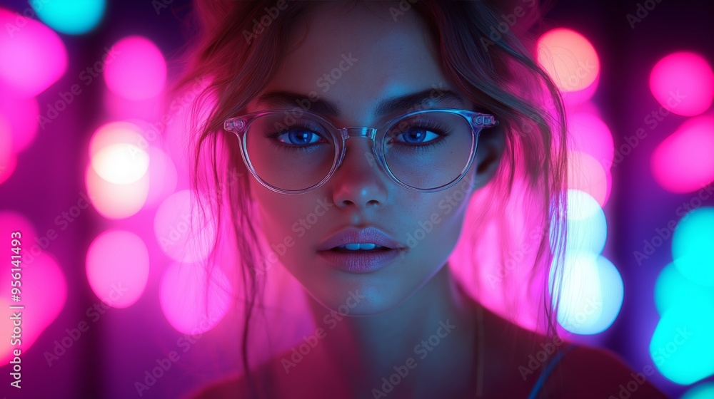 Portrait of a Woman with Glasses in Neon Lighting, Emphasizing Modern Fashion and Nightlife Vibes Portrait of a Woman with Glasses in Neon Lighting, Emphasizing Modern Fashion and Nightlife Vibes