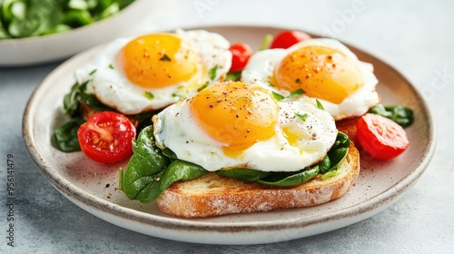 Delicious breakfast featuring sunny side up eggs on spinach and toasted bread with cherry tomatoes in a cozy kitchen setting