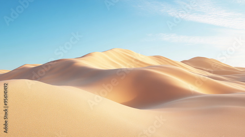 A photorealistic desert dune with a clear blue sky in the background