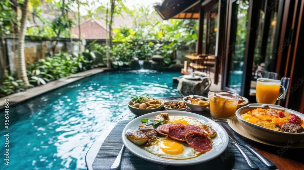Obraz premium Enjoying a delicious breakfast by the serene poolside in a tropical setting surrounded by lush greenery during a bright morning