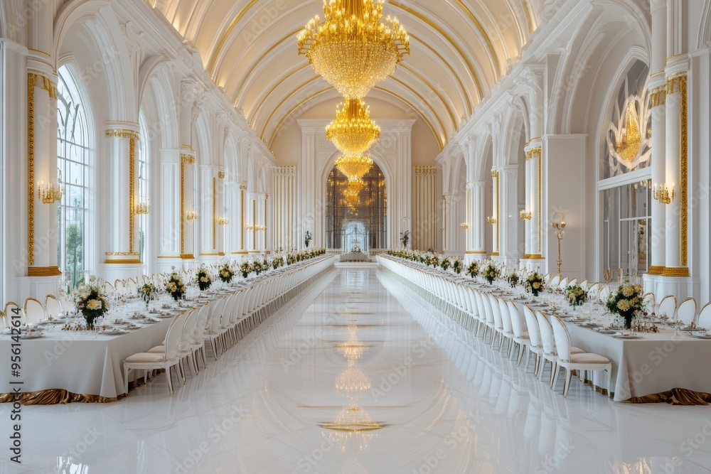 Fototapeta premium A luxurious banquet hall featuring high ceilings, long dining tables, and golden chandeliers