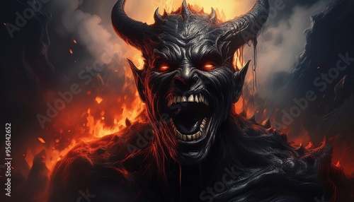 Evil demon in a fiery hell photo