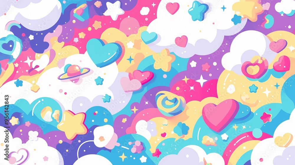 Colorful Abstract Pattern with Hearts Stars and Clouds Colorful Abstract Pattern with Hearts Stars and Clouds
