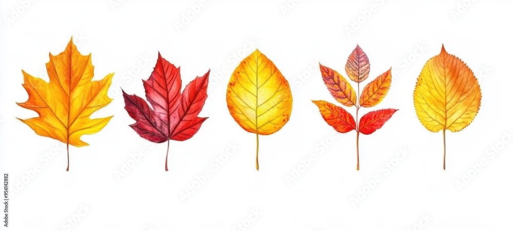 Obraz premium Colorful autumn leaves in various shapes and shades displayed on a white background highlighting fall\'s beauty and diversity