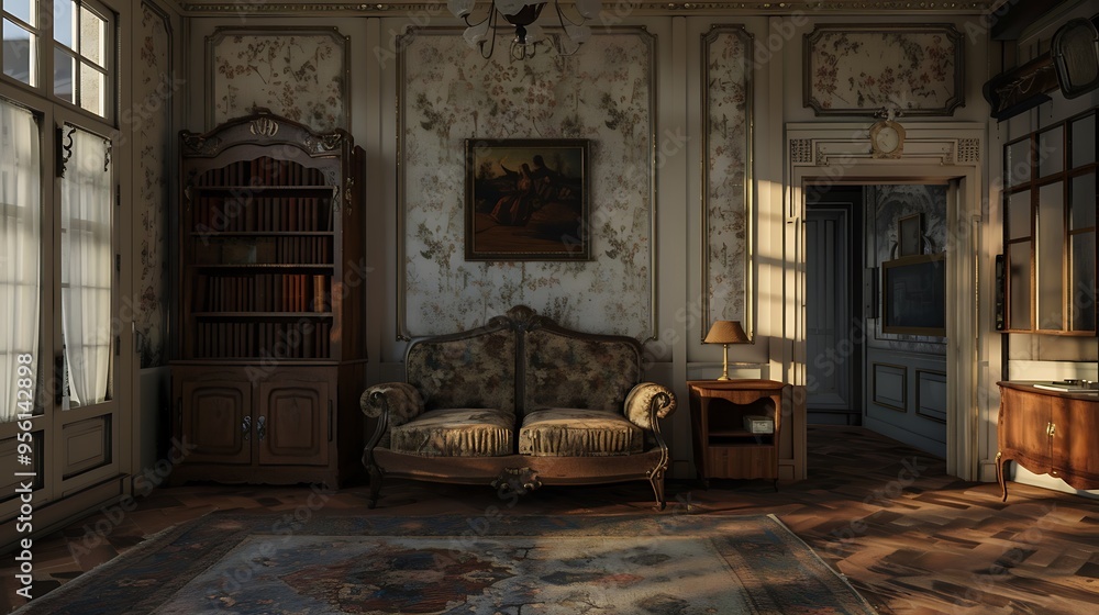 Modest living area involving a historic loveseat Modest living area involving a historic loveseat
