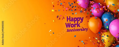 A vibrant office celebration with colorful confetti and balloons floating around a 