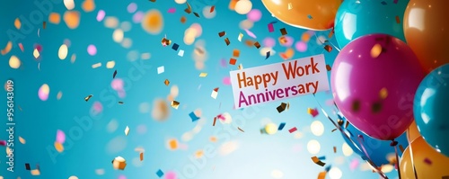 A vibrant office celebration with colorful confetti and balloons floating around a 